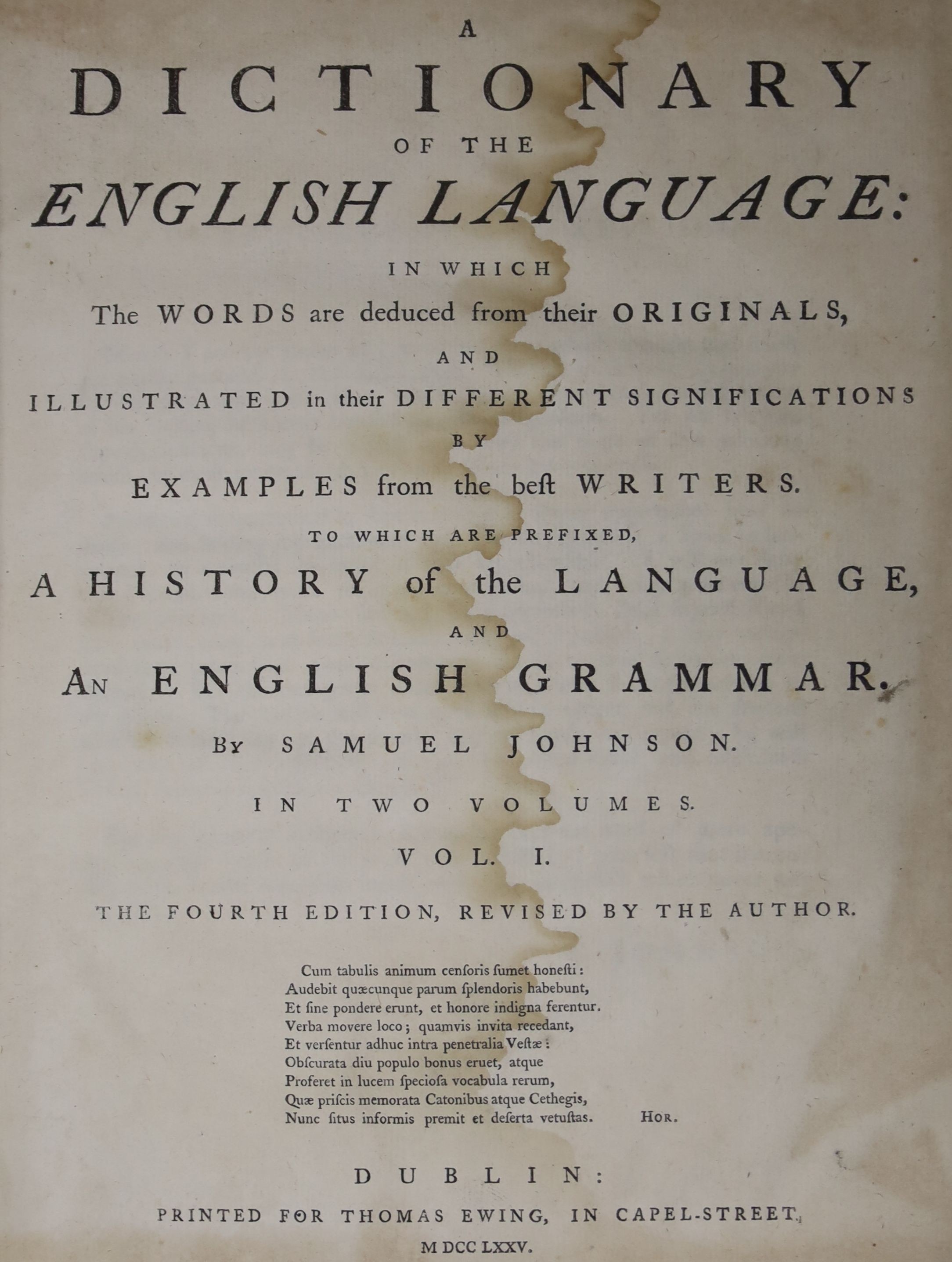 Johnson, Samuel - A Dictionary of the English Language, 4th edition, 2 vols, 4to, calf, front fly leaf and title stained, boards and spines scuffed, Dublin 1725